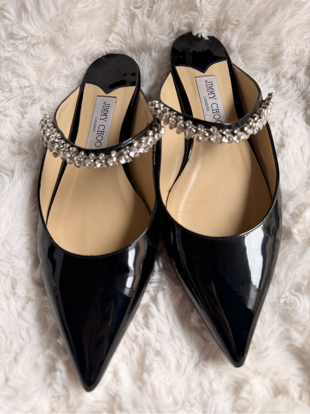 Jimmy Choo Black Bing Flat Mules Pointed Toe Crystal Strap Flats